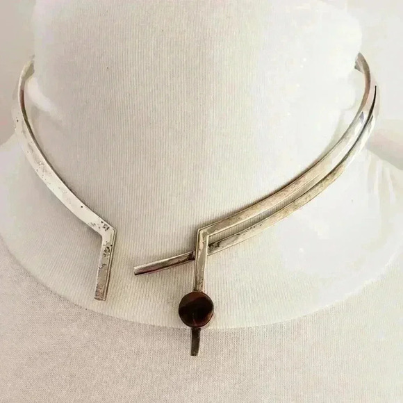 Vintage Choker Sterling Silver Reversible Tiger's Eye  or Onyx MCM JRZ Clover - Picture 1 of 8